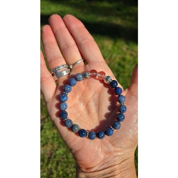 Dumortierite and Clear Quartz Gemstone Beaded Bracelet - Picture 6 of 7